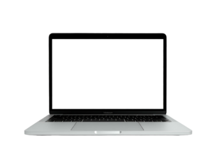 Modern silver laptop with blank screen and keyboard on black background
