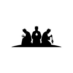 Silhouette of the three wise men kneeling in reverence, bringing their gifts of gold, frankincense, and myrrh isolated on transparent background
