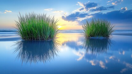 Peaceful coastal sunrise, grass tufts mirrored in calm water
