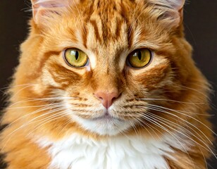 Close-up of a striking orange feline with bright yellow eyes and whiskers
