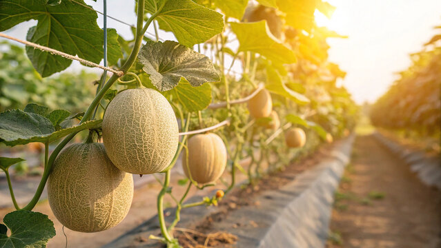 Cantaloupe Melon hanging on tree in garden, Cantaloupe Melon on tree in natural warm background