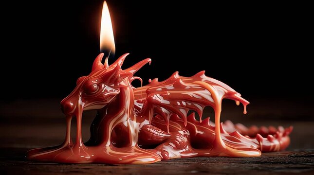 Melting dragon-shaped candle with burning flame on dark background