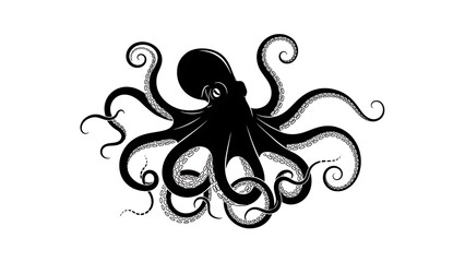 A striking black silhouette of an octopus on a white background, perfect for a logo or graphic design element © graphicsobai