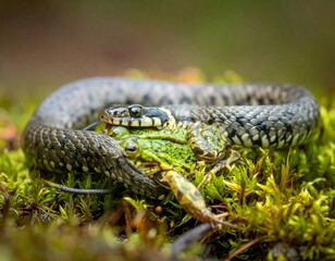 Close-up of a snake coiled around and consuming a frog on moss