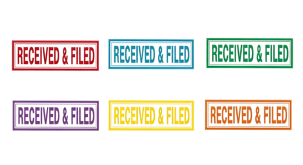 Collection of six colorful rubber stamps marking documents as received and filed on transparent background