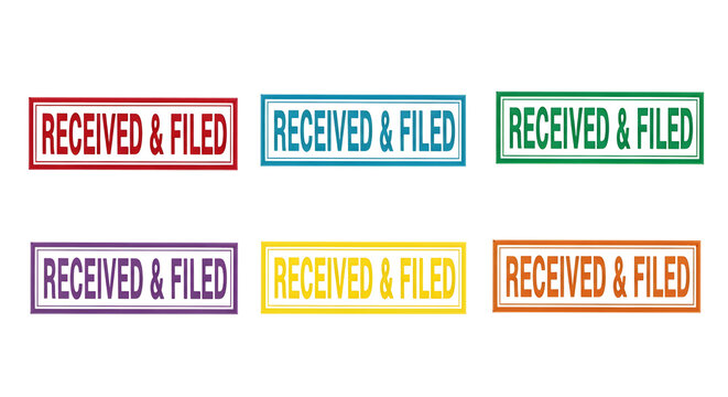 Collection of six colorful rubber stamps marking documents as received and filed on transparent background