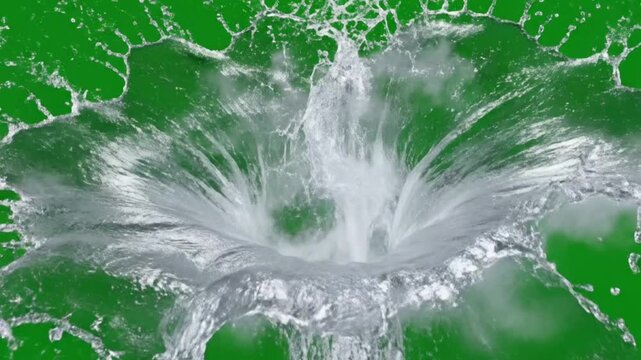 Water explosion splash bursting outward in all directions slow motion ultra realistic particles clean green screen.