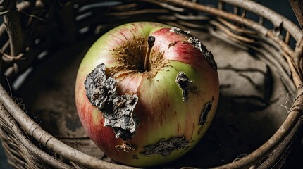 a Blemished Green Apple in a Woven Basket