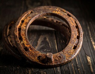 Close-up of two weathered, rusty horseshoes resting on dark wooden planks