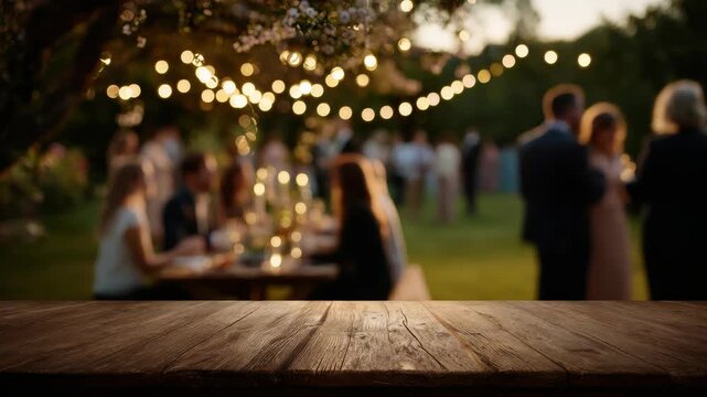 Elegant outdoor evening gathering with string lights and socializing