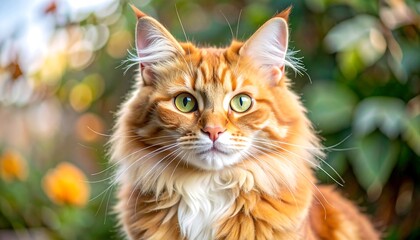 Fototapeta premium Close-up of a fluffy, orange feline with striking green eyes, against a blurred, vibrant outdoor backdrop