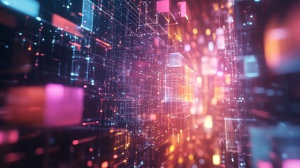 Fototapeta premium Dynamic abstract technology background featuring interconnected glowing lines geometric cubes and digital structures.