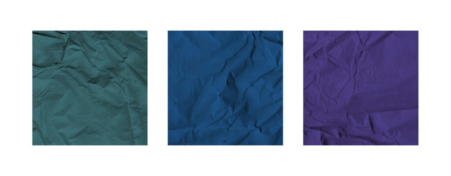 Square texture set featuring blue, green and pirple old paper sheet bg designs with crumpled folded wrinkled ripped surfaces ideal for letter style background or creative post template projects.