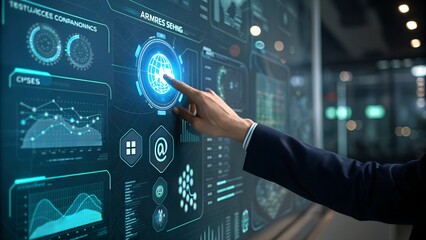 Hand interacting with futuristic digital interface displaying data and charts