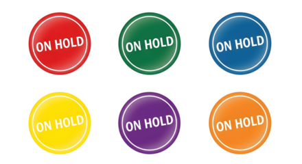 Set of six glossy circular buttons displaying the text "On Hold" on transparent background