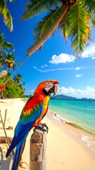A colorful parrot perches on a wooden post, overlooking a pristine beach with palm trees and a vibrant blue sky