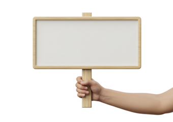 A hand holding a blank wooden sign with a white rectangular area to display text on a transparent background