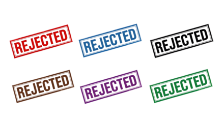 Collection of six colorful grunge rejected rubber stamp graphics on transparent background
