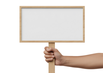 A hand holding a blank wooden sign with a white rectangular area to display text on a transparent background