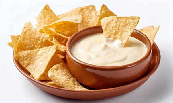 delicious looking chip dipping into white queso sauce,