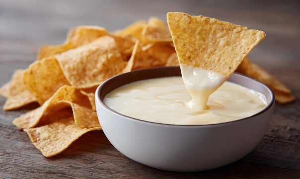 delicious looking chip dipping into white queso sauce,