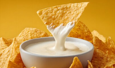 delicious looking chip dipping into white queso sauce,