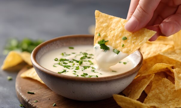 delicious looking chip dipping into white queso sauce,