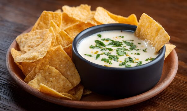 delicious looking chip dipping into white queso sauce,