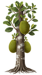 Illustration of a jackfruit tree with large fruit on the trunk