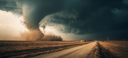 Climate Change Awareness Ad: Tornado Approaching Wide Farmland with Swirling Dust and Debris, Dramatic Dark Funnel Cloud