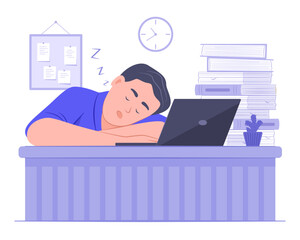 Office Man Asleep at Work on Night Time for Part Time Job Freelancer, Work Overload and Over-Burdened Concept illustration