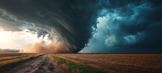 Climate Change Awareness Ad: Tornado Approaching Wide Farmland with Swirling Dust and Debris, Dramatic Dark Funnel Cloud