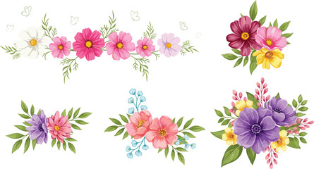 Beautiful floral arrangement illustration set with colorful cosmos flowers, leaves and decorative bouquets for wedding invitations, greeting cards and elegant design © Sanjida