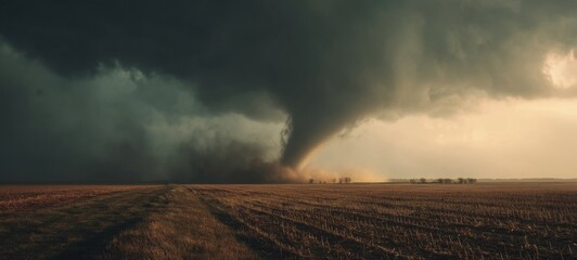 Climate Change Awareness Ad: Tornado Approaching Wide Farmland with Swirling Dust and Debris, Dramatic Dark Funnel Cloud