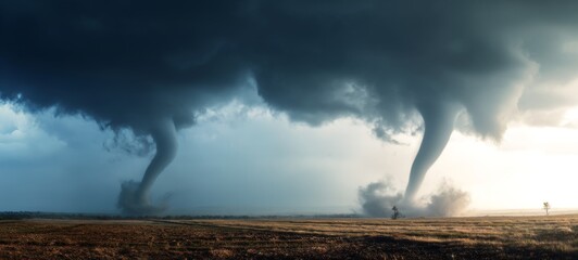 Climate Change Awareness Ad: Multiple Tornado Funnels Forming Across Open Landscape, Extreme Weather and Environmental Protection Concept