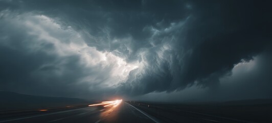 Climate Change Awareness Ad: Typhoon Storm Hitting Highway with Heavy Rain Streaks and Car Headlights, Extreme Weather Concept
