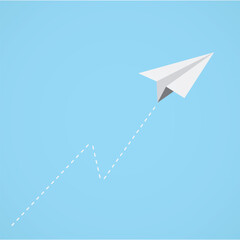 Paper airplane icon with dotted path flying plane on blue background illustration