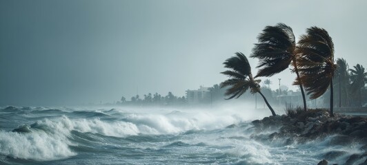Climate Change Awareness Ad: Powerful Typhoon Winds Bending Palm Trees, Crashing Waves on Coastline Under Dramatic Open Sky