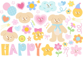 Pastel cute icons such as puppy, flowers, stars, heart, cloud,  circle shapes for text bubbles, blank space, text, messages, stickers, cartoon, floral, decoration, doodles, animals, pet, mascot, comic