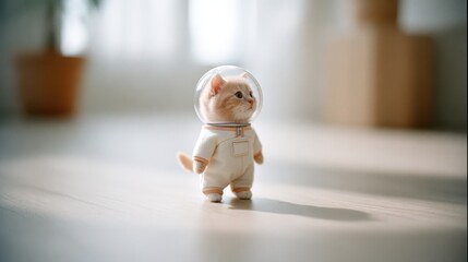 Fototapeta premium Cute kitten in a space suit with a transparent helmet, exploring a bright indoor environment, showcasing a playful and adventurous spirit