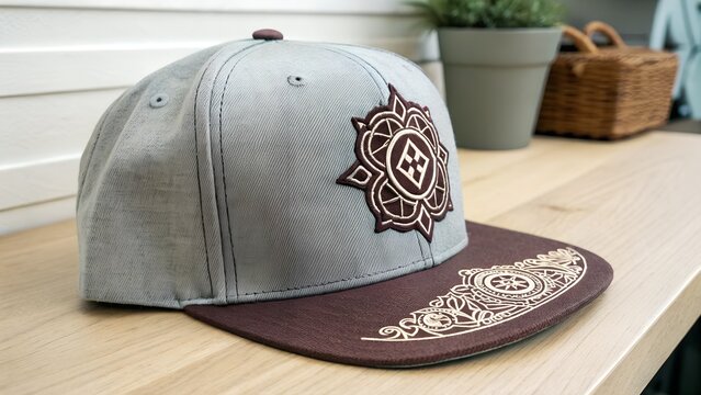 Stylish baseball cap with intricate embroidered design on a wooden surface