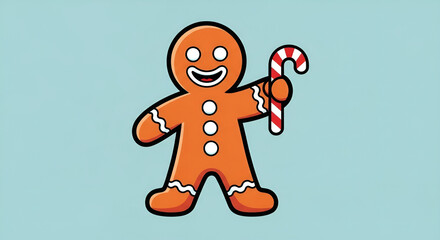 Fototapeta premium A happy cartoon gingerbread man holding a candy cane. Festive Christmas holiday character illustration of a sweet cookie