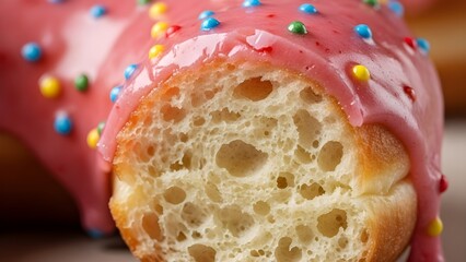 Deliciously tempting close-up of a freshly baked, light and fluffy donut with vibrant pink icing and colorful sprinkles, a perfect sweet indulgence