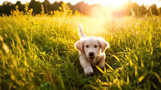 Playful puppy tumbles in sun-drenched meadow
