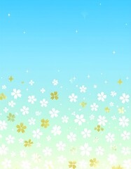 A floral design with a gradient background, transitioning from blue to green. White and golden flowers scatter across the lower portion. Sparkling stars above