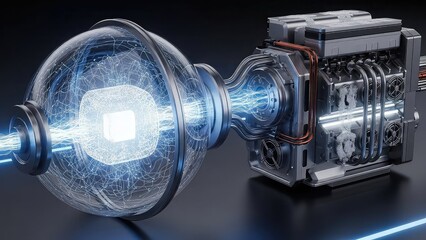 Close up of futuristic high tech device with glowing blue light and metallic components on dark background with wires and circuits