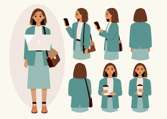 A businesswoman depicted in various poses and perspectives showcasing modern style