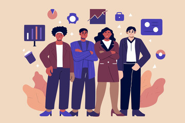 Diverse team of professionals with data and security icons overhead