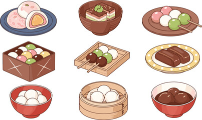 Asian dessert illustration set with dango skewers, mochi varieties, sweet rice balls, jelly treats and steamed sweets for culinary menu design