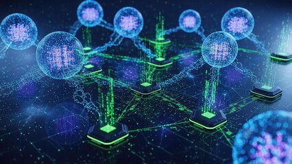 Glowing blue and green futuristic network with interconnected nodes and orbs in a dark space background with neon lights